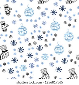 Light BLUE vector seamless cover with beautiful snowflakes, balls, socks, mittens. Modern geometric abstract illustration. Design for textile, fabric, wallpapers.