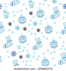 Light BLUE vector seamless cover with beautiful snowflakes, balls, socks, mittens. Shining colorful illustration in christmas style. Design for wallpaper, fabric makers.