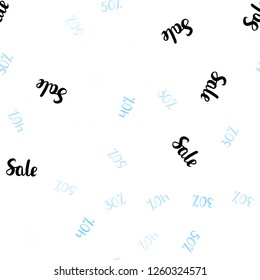 Light BLUE vector seamless cover with symbols of 30, 40, 50 % sales. Colored words of sales with gradient on white background. Design for business ads, commercials.