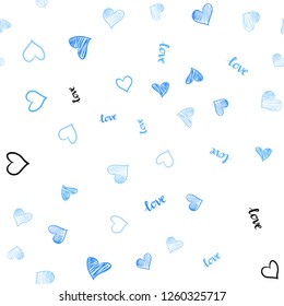 Light BLUE vector seamless cover with quote LOVE YOU, hearts. Illustration with phrase LOVE YOU, hearts for valentine's day. Pattern for trendy fabric, wallpapers.