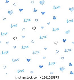 Light BLUE vector seamless cover with quote LOVE YOU, hearts. Illustration with words of love, hearts in abstract style. Design for wallpaper, fabric makers.