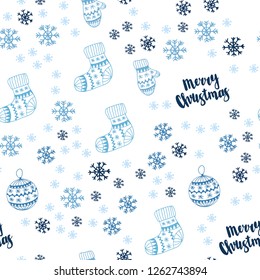 Light BLUE vector seamless cover with beautiful snowflakes, balls, socks, mittens. Glitter abstract illustration with gradient. Template for business cards, websites.