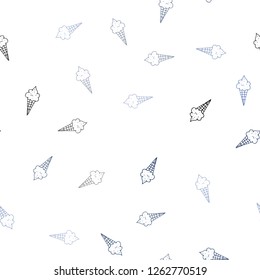 Light BLUE vector seamless cover with sundae ice-cream. Illustration with set of delicious sweet ice-cream cones. Pattern for ads of breakfast, lunch, dinner.