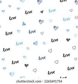 Light BLUE vector seamless cover with quote LOVE YOU, hearts. Romantic illustration with colorful phrase LOVE YOU, hearts. Pattern for trendy fabric, wallpapers.