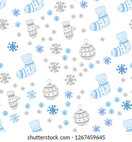 Light BLUE vector seamless cover with beautiful snowflakes, balls, socks, mittens. Glitter abstract illustration with gradient. Pattern for design of fabric, wallpapers.