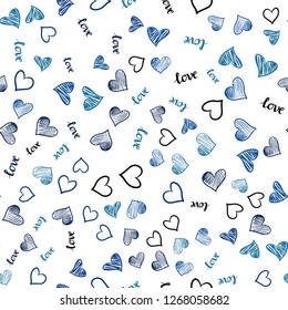 Light BLUE vector seamless cover with quote LOVE YOU, hearts. Illustration with words of love, hearts in abstract style. Template for business cards, websites.