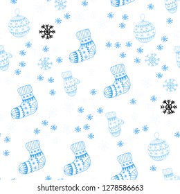 Light BLUE vector seamless cover with beautiful snowflakes, balls, socks, mittens. Glitter abstract illustration with gradient. Template for business cards, websites.