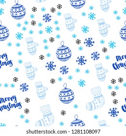 Light BLUE vector seamless cover with beautiful snowflakes, balls, socks, mittens. Colorful illustration with xmas symbols. Design for wallpaper, fabric makers.