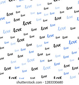 Light Blue vector seamless cover with quote LOVE . Decorative design in doodle style with text LOVE . Pattern for design of fabric, wallpapers.