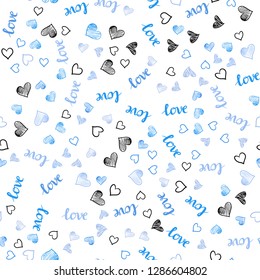 Light BLUE vector seamless cover with quote LOVE YOU, hearts. Illustration with words of love, hearts in abstract style. Texture for window blinds, curtains.