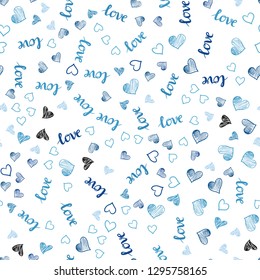 Light BLUE vector seamless cover with quote LOVE YOU, hearts. Romantic illustration with colorful phrase LOVE YOU, hearts. Design for wallpaper, fabric makers.