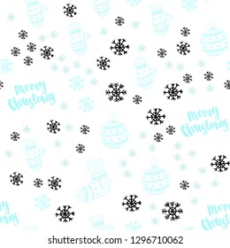 Light BLUE vector seamless cover with beautiful snowflakes, balls, socks, mittens. Colorful xmas elements with gradient. Pattern for trendy fabric, wallpapers.