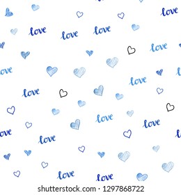 Light BLUE vector seamless cover with quote LOVE YOU, hearts. Illustration with words of love, hearts in abstract style. Texture for window blinds, curtains.