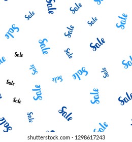 Light BLUE vector seamless cover with symbols of sales. Colored words of sales with gradient on white background. Backdrop for mega promotions, discounts.