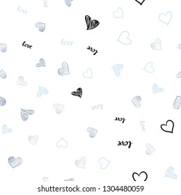 Light BLUE vector seamless cover with quote LOVE YOU, hearts. Design in doodle style with text LOVE YOU, hearts. Texture for window blinds, curtains.