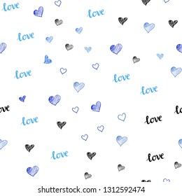 Light BLUE vector seamless cover with quote LOVE YOU, hearts. Design in doodle style with text LOVE YOU, hearts. Pattern for design of fabric, wallpapers.