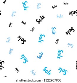 Light BLUE vector seamless cover with symbols of sales. Colored words of sales with gradient on white background. Template for season sales, shopping ads.