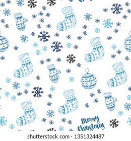 Light BLUE vector seamless cover with beautiful snowflakes, balls, socks, mittens. Colorful illustration with xmas symbols. Design for wallpaper, fabric makers.