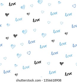 Light BLUE vector seamless cover with quote LOVE YOU, hearts. Illustration with words of love, hearts in abstract style. Texture for window blinds, curtains.