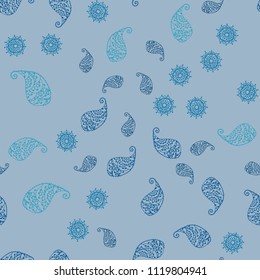 Light BLUE vector seamless doodle background with leaves and flowers. Colorful illustration in doodle style with leaves, flowers. Pattern for wallpapers and coloring books.