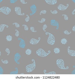 Light BLUE vector seamless doodle backdrop with leaves and flowers. Decorative design in Indian style on white background. Completely new template for your design.