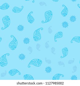 Light BLUE vector seamless doodle pattern with leaves and flowers. Sketchy doodles on white background. Completely new template for your brand book.