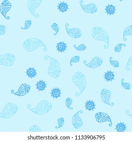 Light BLUE vector seamless doodle background with leaves and flowers. Abstract illustration with leaves, flowers in doodles style. Textured pattern for a website, banner.