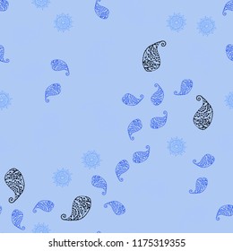 Light BLUE vector seamless doodle pattern with leaves and flowers. Leaves and flowers with gradient on white background. Hand painted design for web, leaflet, textile.