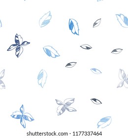 Light BLUE vector seamless doodle texture with leaves. Glitter abstract illustration with doodles and leaves. Template for business cards, websites.