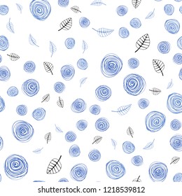 Light BLUE vector seamless doodle pattern with leaves and flowers. Leaves and flowers with gradient on white background. Pattern for design of fabric, wallpapers.