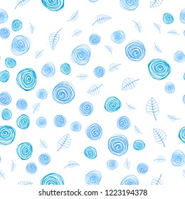 Light BLUE vector seamless doodle background with leaves and flowers. Colorful illustration in doodle style with leaves, flowers. Texture for window blinds, curtains.