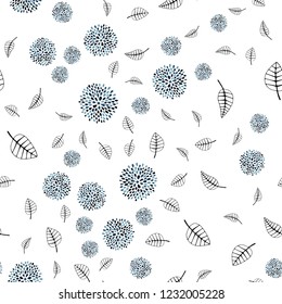 Light BLUE vector seamless doodle pattern with leaves, flowers. Colorful doodles on white background. Pattern for design of fabric, wallpapers.