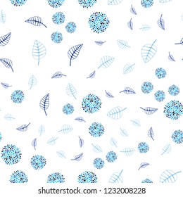 Light BLUE vector seamless doodle pattern with leaves and flowers. Glitter abstract illustration with leaves and flowers. The best blurred design for your business.