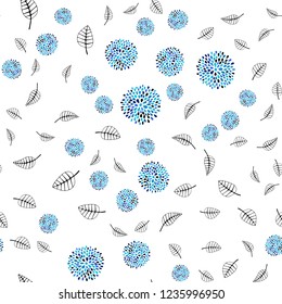 Light BLUE vector seamless doodle background with leaves, flowers. Leaves, flowers in doodle style on white background. Template for business cards, websites.
