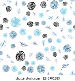 Light BLUE vector seamless doodle background with leaves and flowers. Leaves, flowers in natural style on white background. Template for business cards, websites.