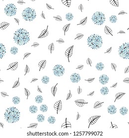 Light BLUE vector seamless doodle template with leaves, flowers. Leaves, flowers in doodle style on white background. Pattern for design of fabric, wallpapers.