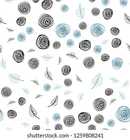 Light BLUE vector seamless doodle layout with leaves and flowers. Sketchy doodles on white background. Pattern for design of fabric, wallpapers.
