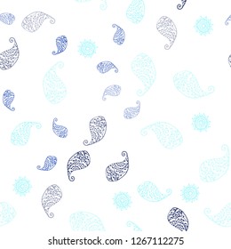 Light BLUE vector seamless doodle background with leaves and flowers. Abstract illustration with leaves, flowers in doodles style. Texture for window blinds, curtains.
