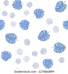 Light BLUE vector seamless doodle texture with flowers, leaves. Leaves and flowers with gradient on white background. Texture for window blinds, curtains.
