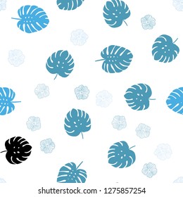 Light BLUE vector seamless doodle backdrop with flowers, leaves. Sketchy doodles on white background. Pattern for trendy fabric, wallpapers.