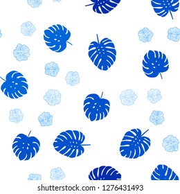 Light BLUE vector seamless doodle texture with flowers, leaves. Doodle illustration of leaves and flowers in Origami style. Design for textile, fabric, wallpapers.