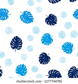 Light BLUE vector seamless doodle layout with flowers, leaves. Leaves, flowers in natural style on white background. Texture for window blinds, curtains.