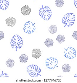 Light BLUE vector seamless doodle background with flowers, leaves. Sketchy doodles on white background. Template for business cards, websites.