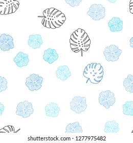 Light BLUE vector seamless doodle pattern with flowers, leaves. An elegant bright illustration with leaves and flowers. Pattern for design of fabric, wallpapers.