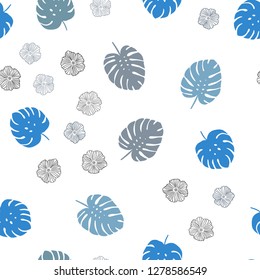 Light BLUE vector seamless doodle pattern with flowers, leaves. Abstract illustration with leaves, flowers in doodles style. Texture for window blinds, curtains.