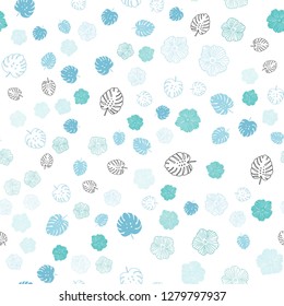 Light BLUE vector seamless doodle backdrop with leaves, flowers. Leaves and flowers with gradient on white background. Pattern for trendy fabric, wallpapers.