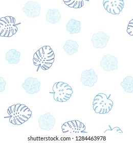 Light BLUE vector seamless doodle texture with flowers, leaves. Colorful illustration in doodle style with leaves, flowers. Design for wallpaper, fabric makers.