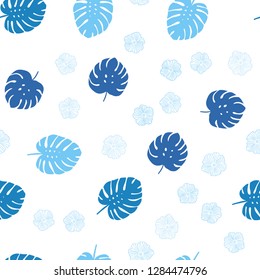 Light BLUE vector seamless doodle background with flowers, leaves. Leaves, flowers in natural style on white background. Texture for window blinds, curtains.