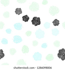Light BLUE vector seamless doodle pattern with flowers, leaves. Glitter abstract illustration with leaves and flowers. Texture for window blinds, curtains.