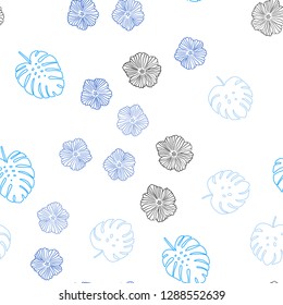 Light BLUE vector seamless doodle pattern with flowers, leaves. An elegant bright illustration with leaves and flowers. Template for business cards, websites.